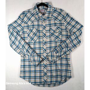 True Religion Men's Western Pearl Snap Plaid Long Sleeve Shirt Horseshoe Medium